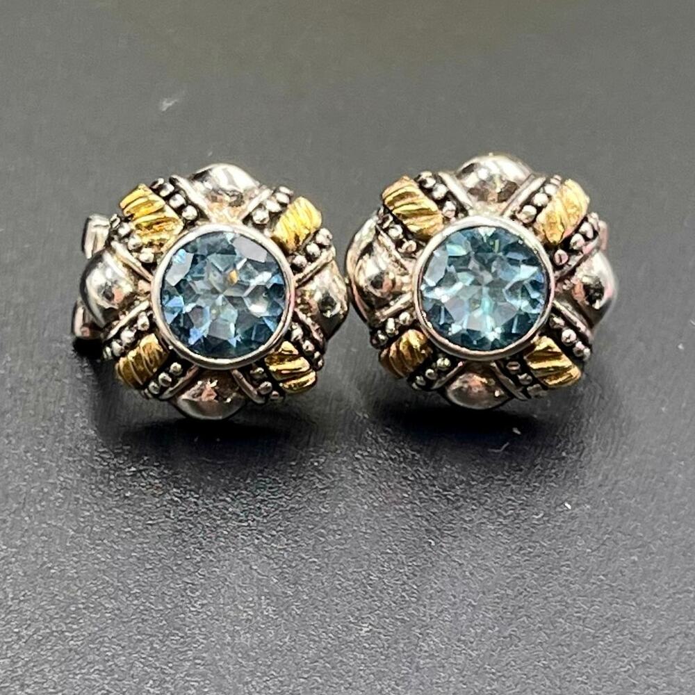 ADI 925 Sterling Silver 14K Yellow Gold Round Sky Blue Topaz Omega‎ Earrings